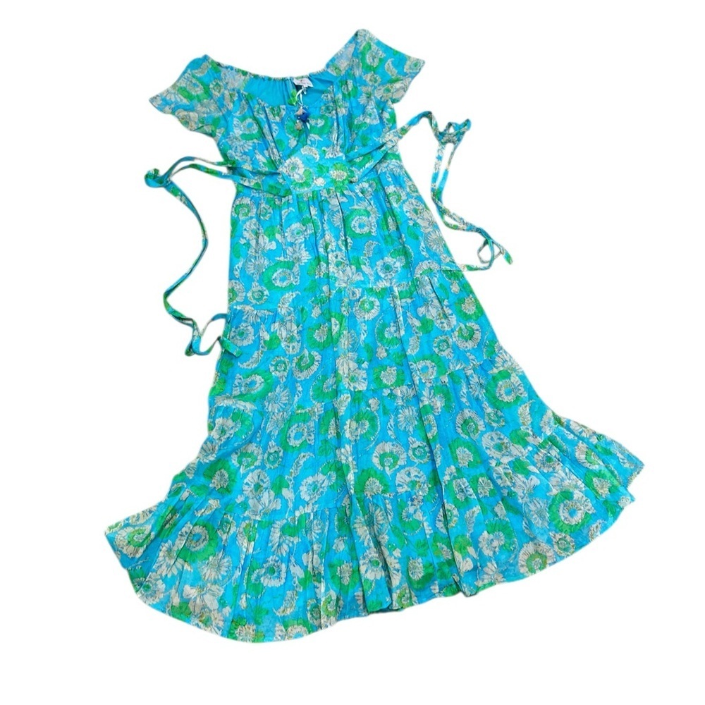 NWT Bella tu Nina Flutter-Sleeve Tie-Waist Maxi Dress Aqua Green Floral medium - Picture 6 of 16